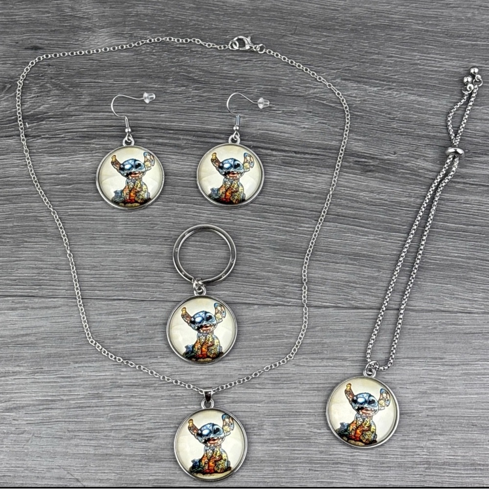 Lilo And Stitch Tatted Pendant Necklace Earrings Bracelet And Keychain Set